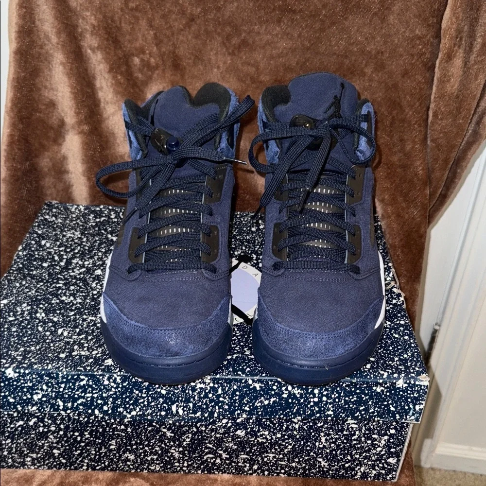 Jordan Navy Blue and White Suede High-Top Sneakers